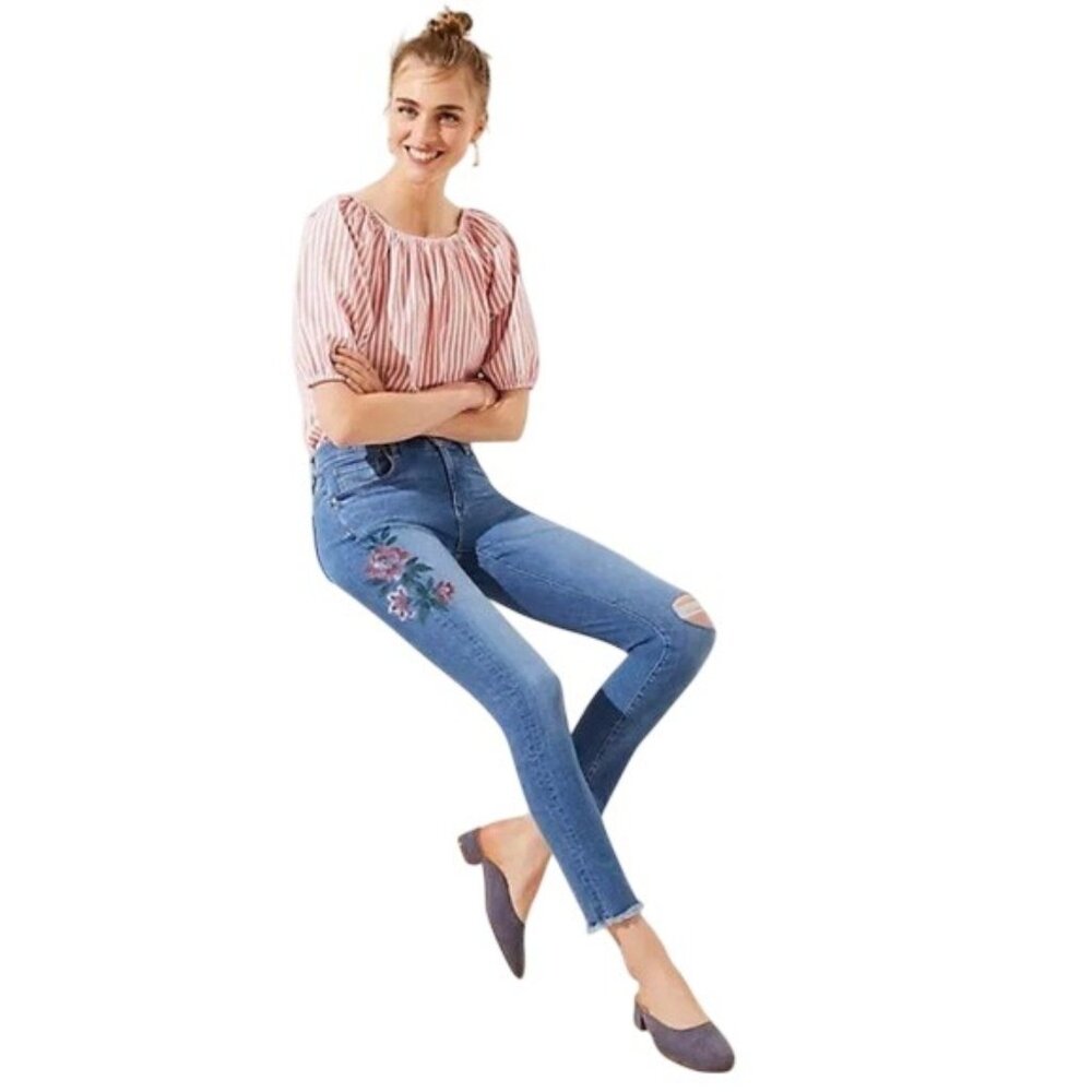 Loft Modern Skinny High-Rise Embroidered Jeans W/ Distressed Knees Size 6